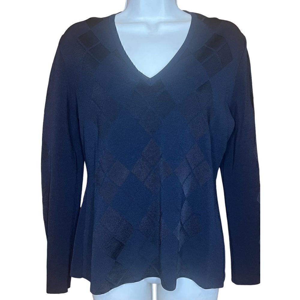 Mulberry Made in Italy V Neck Pullover Black Diamond Print Sweater Size Medium